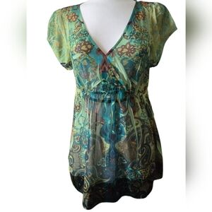 Y2K Unity World Wear Cap Sleeve Wrap Floral Boho Blouse Blue Green Size Large